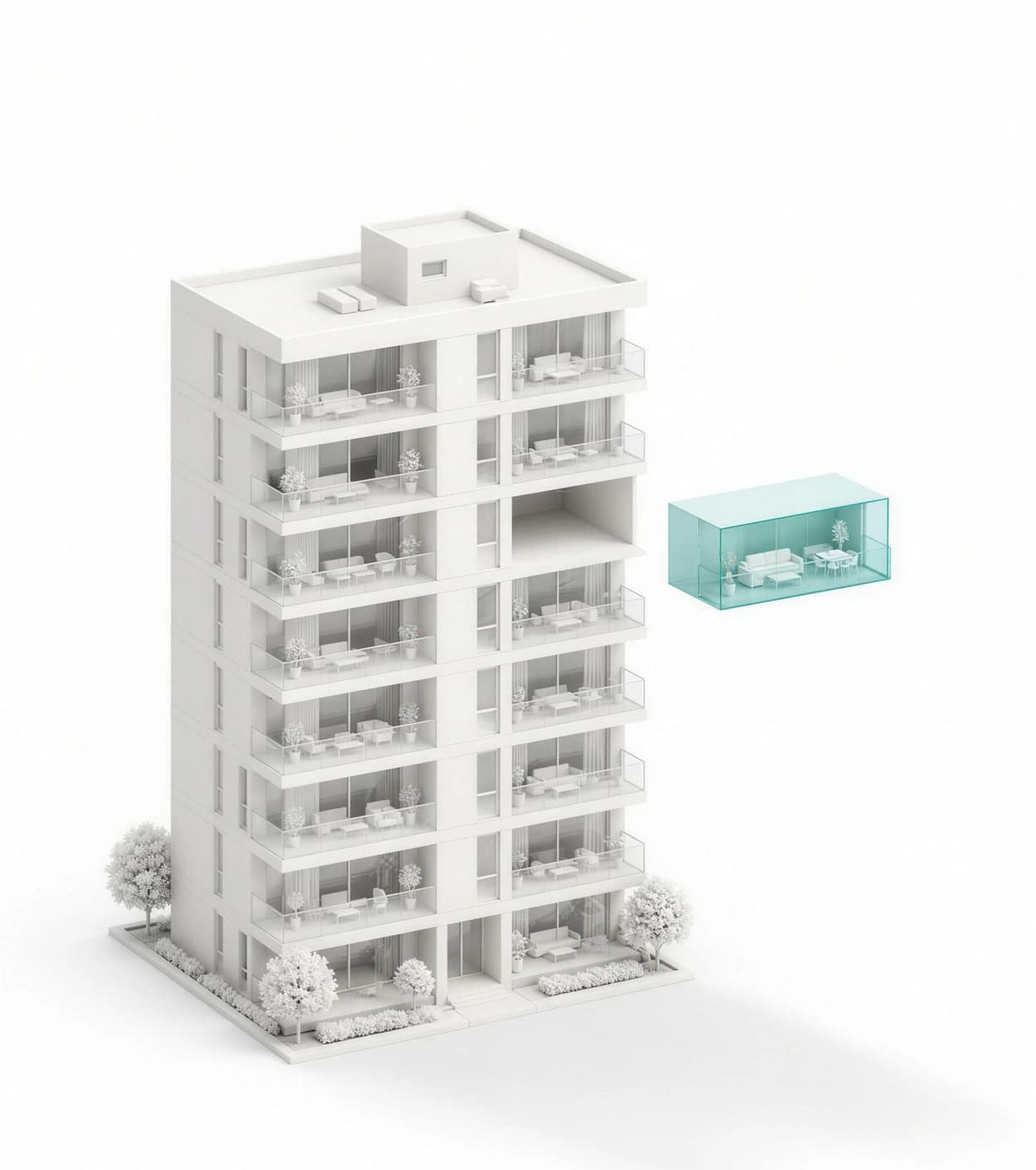 Ein weißes Mehrfamilienhaus, aus dem genau eine Wohnung herausgelöst ist und daneben schwebt; die leere Stelle in der Fassade bleibt sichtbar