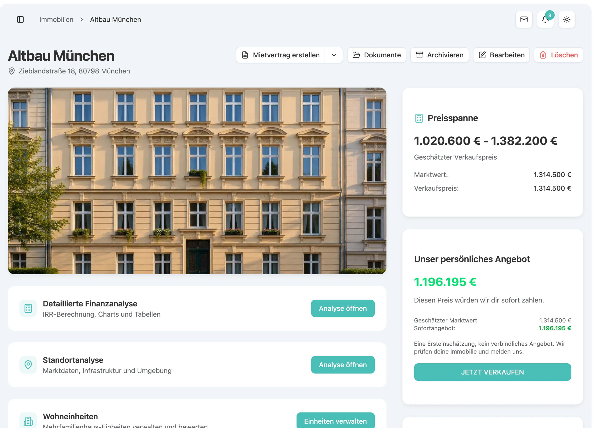 Die Objektseite von PropBuddy: Bewertung, Sofortangebot, Finanzanalyse, Standortanalyse und Wohneinheiten zu einer Immobilie
